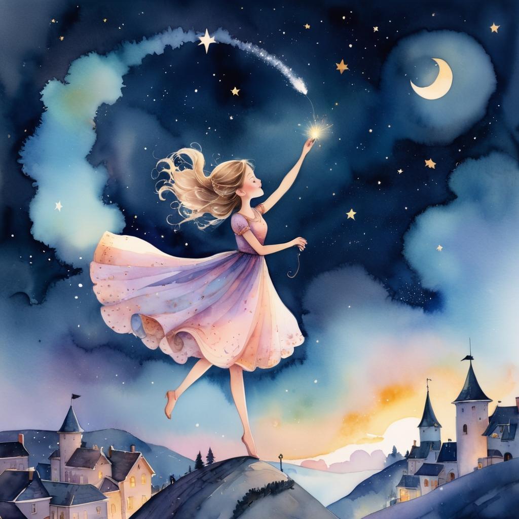 Kittie reaching up to light a star over a moonlit village